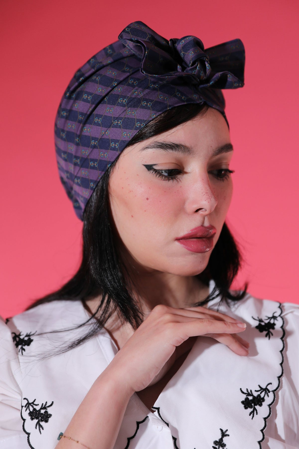 Purple patterned slip-on turban