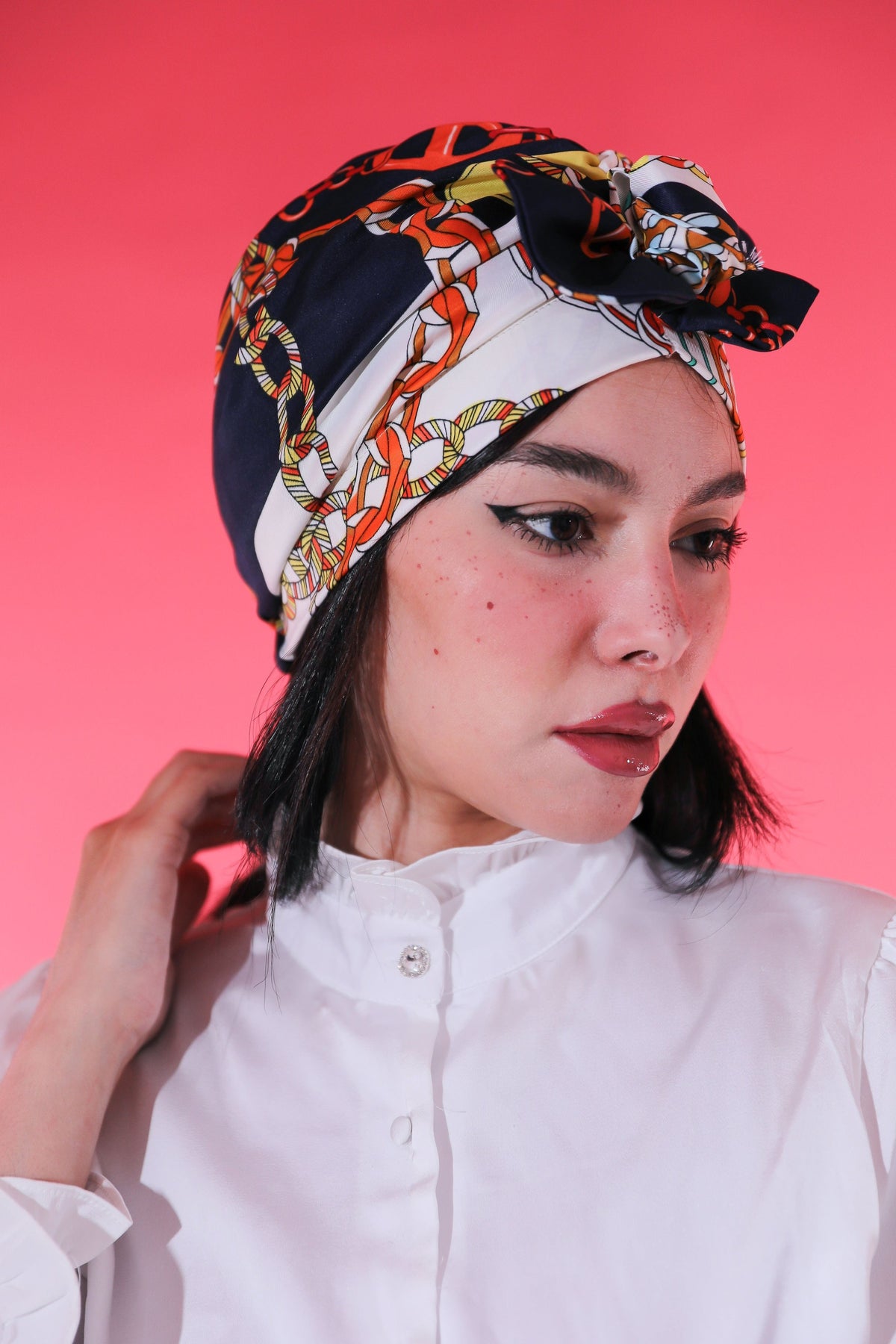 Turban à enfiler motifs Marine/Blanc