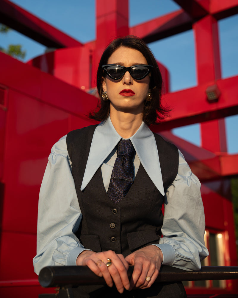 chemise rétro bleu ciel col pointu manches bouffantes coton made in france mode intemporelle chic
