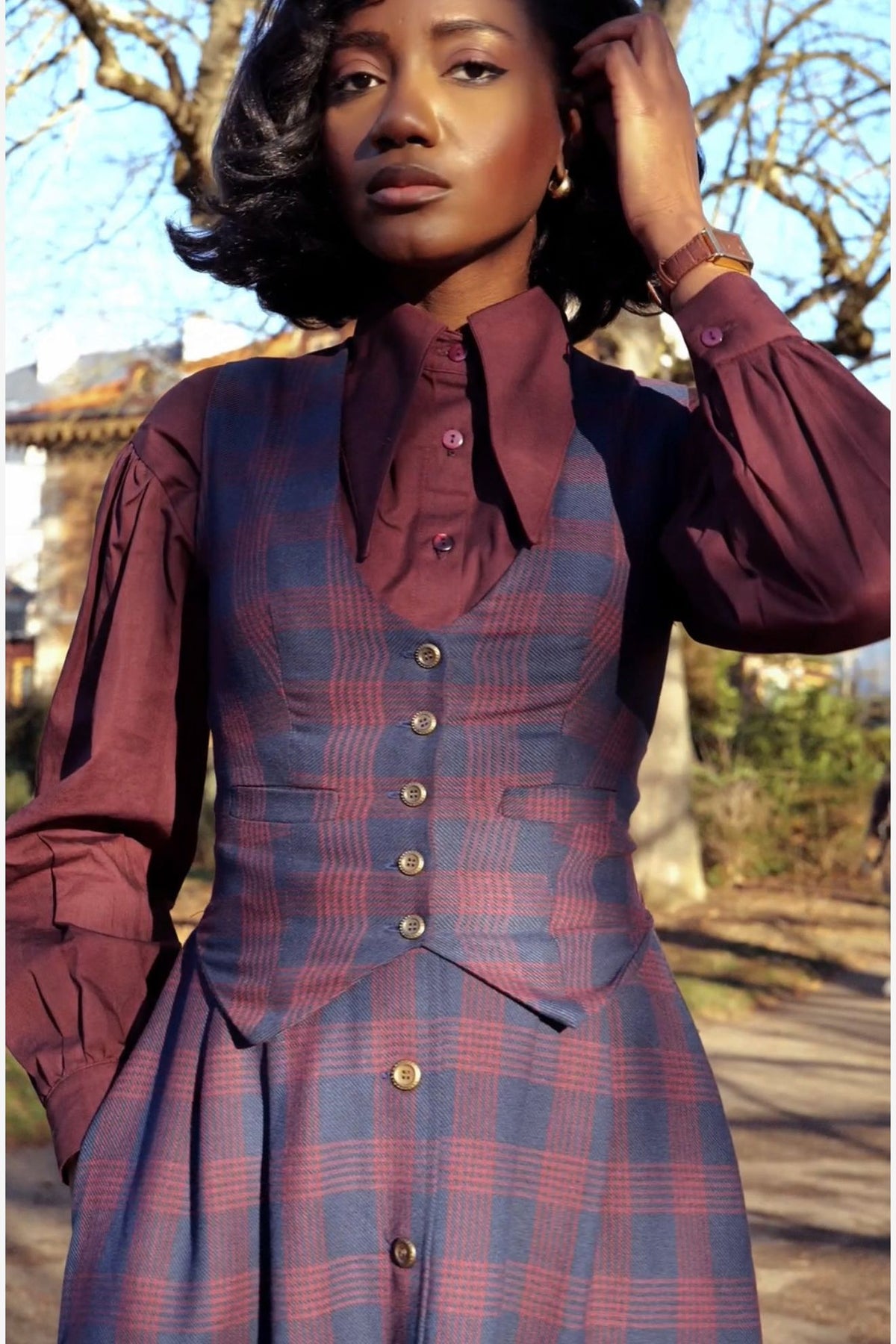 chemise rétro bordeaux col pointu manches bouffantes coton made in france mode intemporelle chic