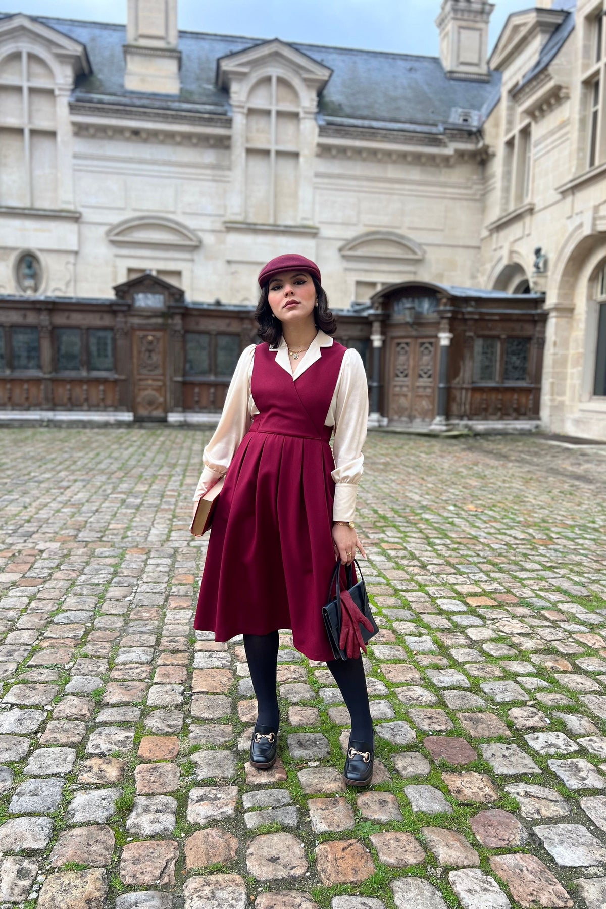 burgundy dress with white collar Elegant Midi Dress With Contrast Bow Collar Burgundy L