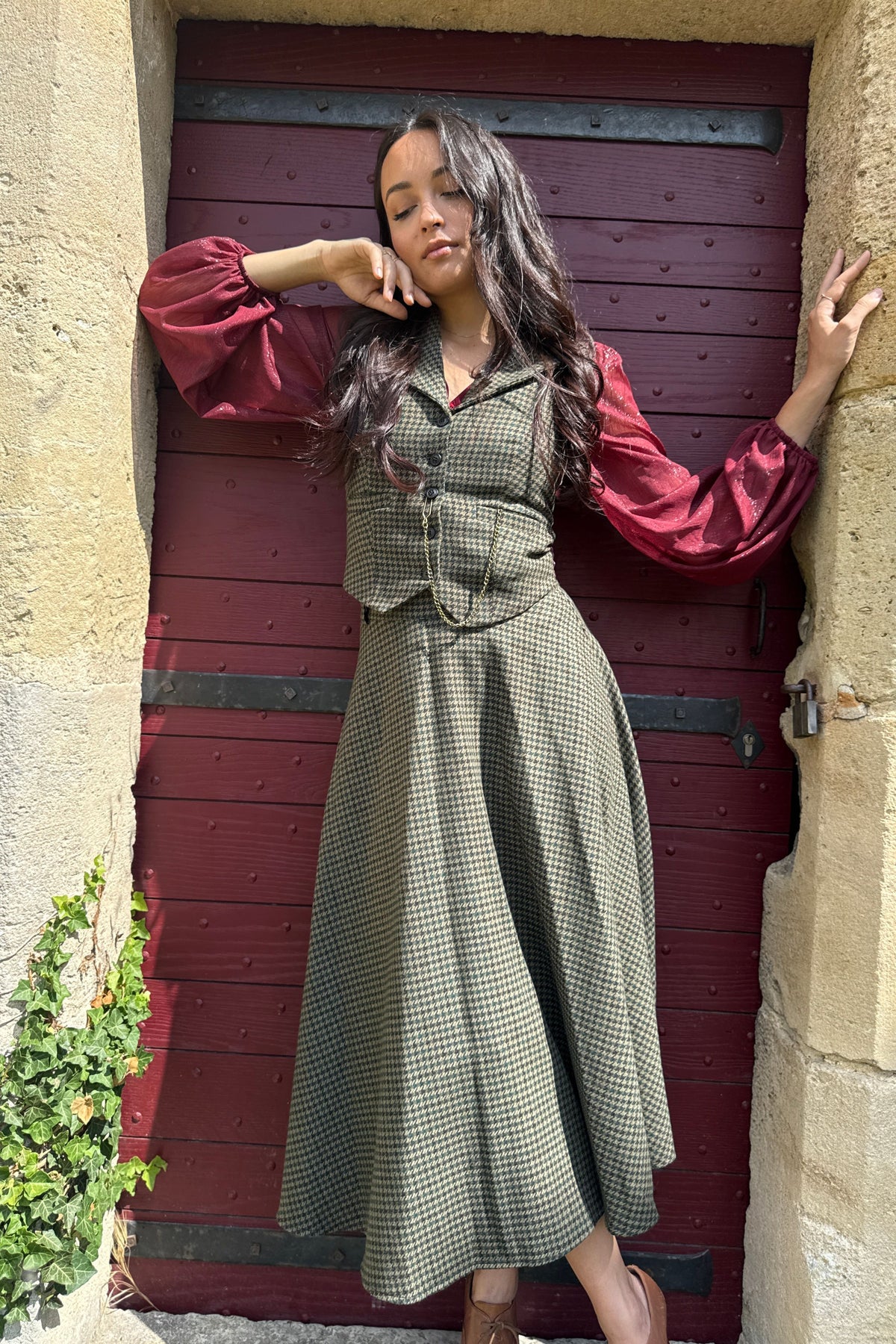 Jupe Academia Pied de Poule Bordeaux/Vert