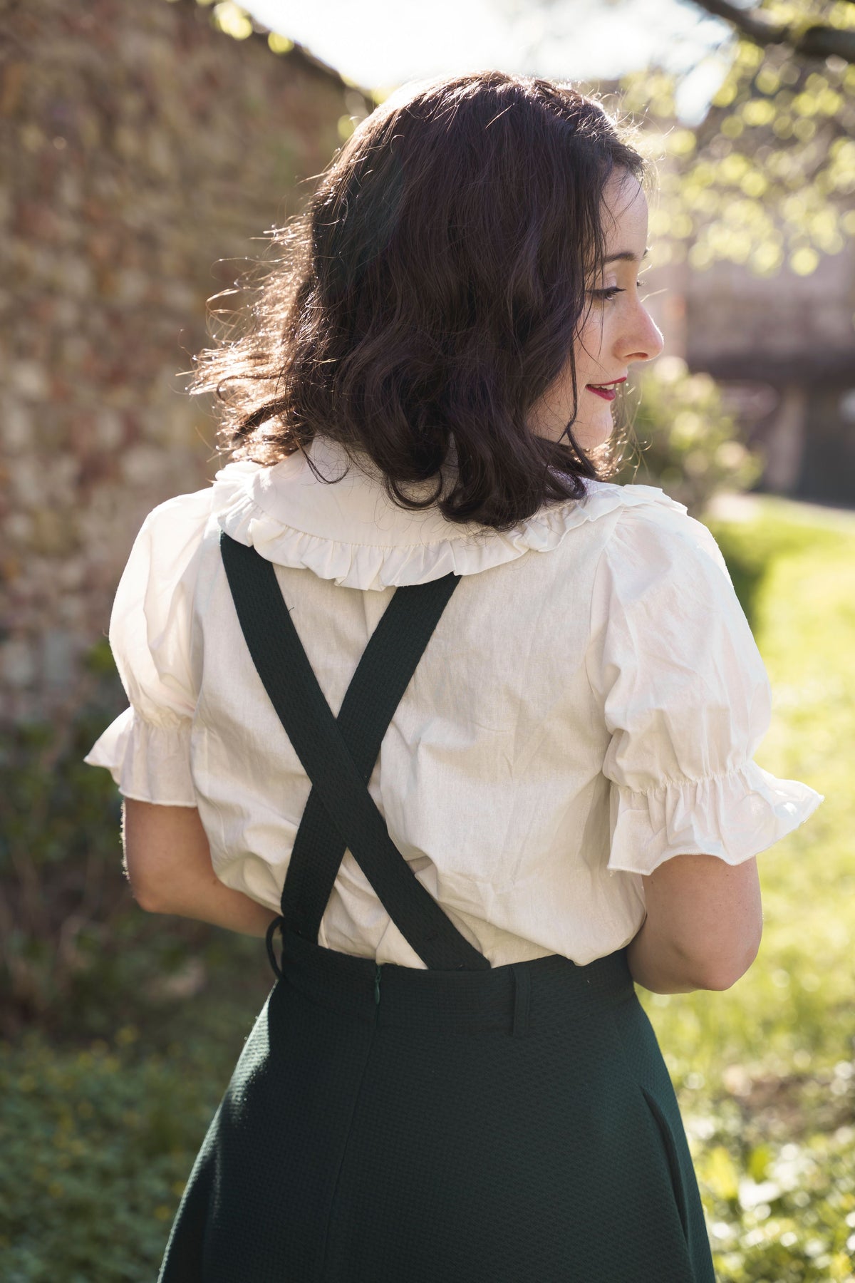 jupe académia vert sapin texturée  élégante taille haute bretelles optionnelles et ajustables made in france Polyester 