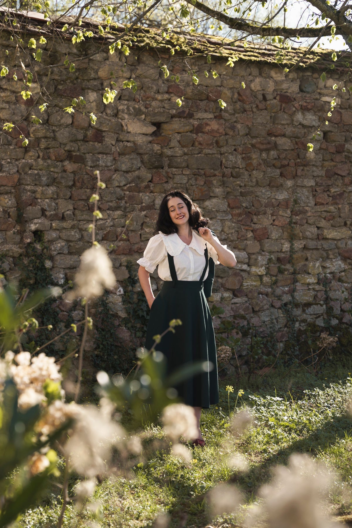 jupe académia vert sapin texturée  élégante taille haute bretelles optionnelles et ajustables made in france Polyester 