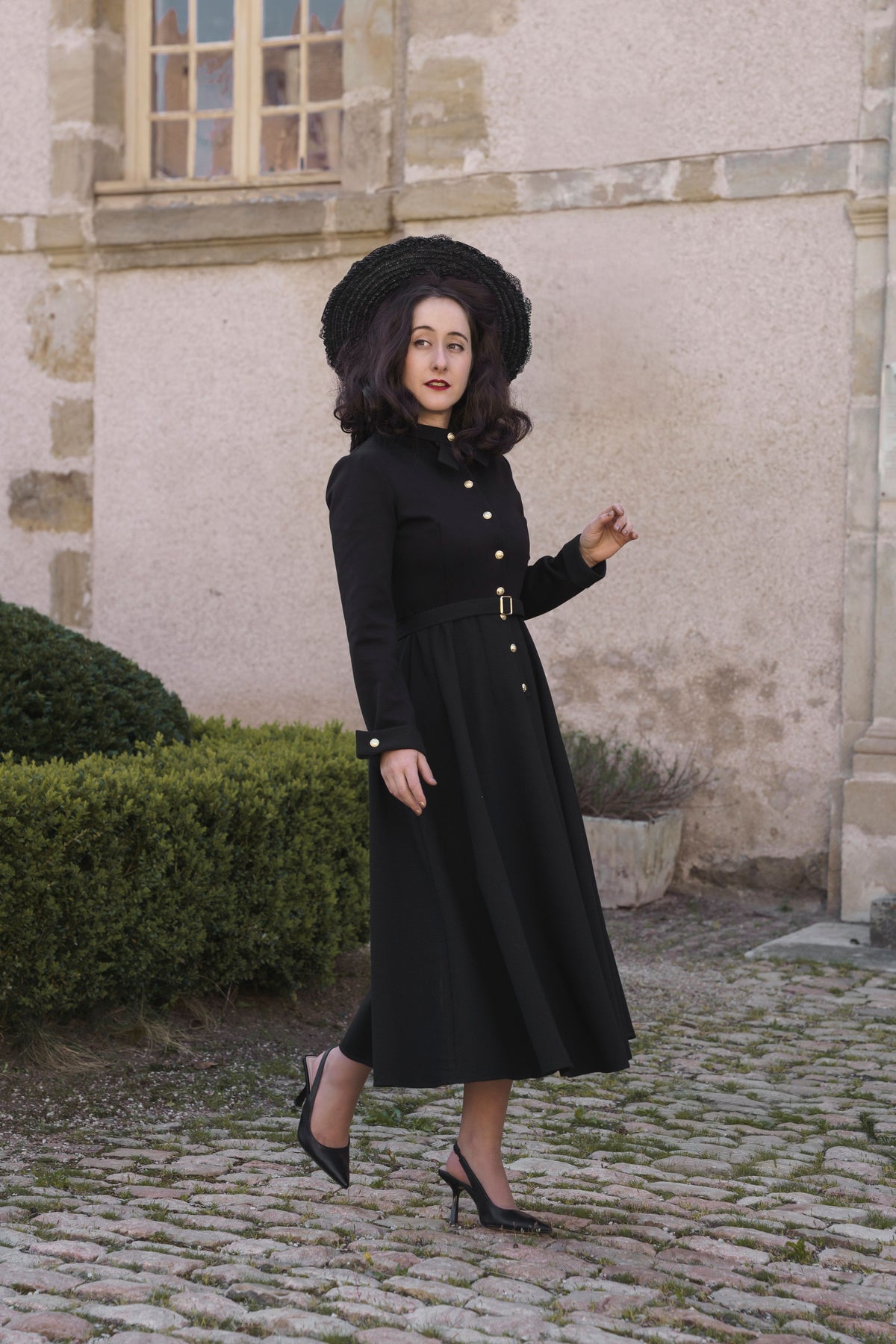 robe mia noire rétro année 50 ceinture incluse élégance intemporelle polyester maille fine milano made in france 