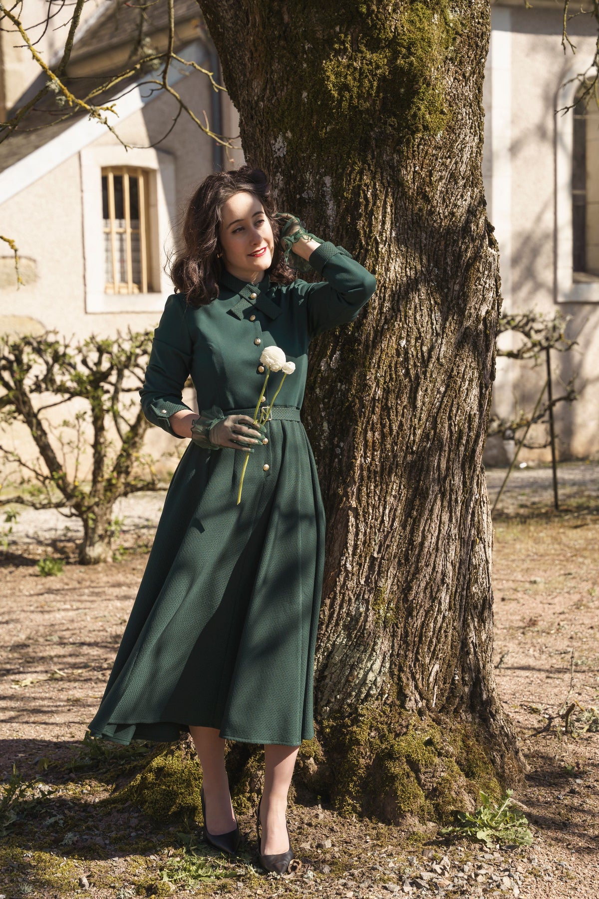 robe mia vert sapin rétro année 50 ceinture incluse élégance intemporelle polyester maille fine milano made in france 