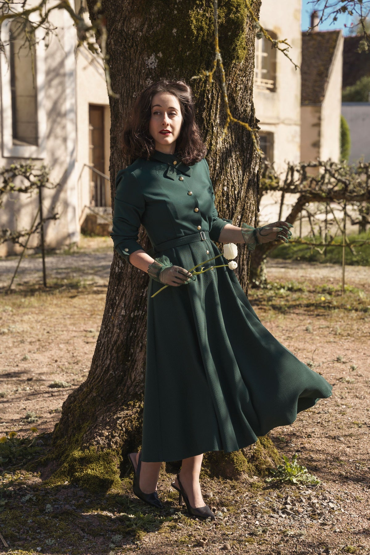 robe mia vert sapin rétro année 50 ceinture incluse élégance intemporelle polyester maille fine milano made in france 