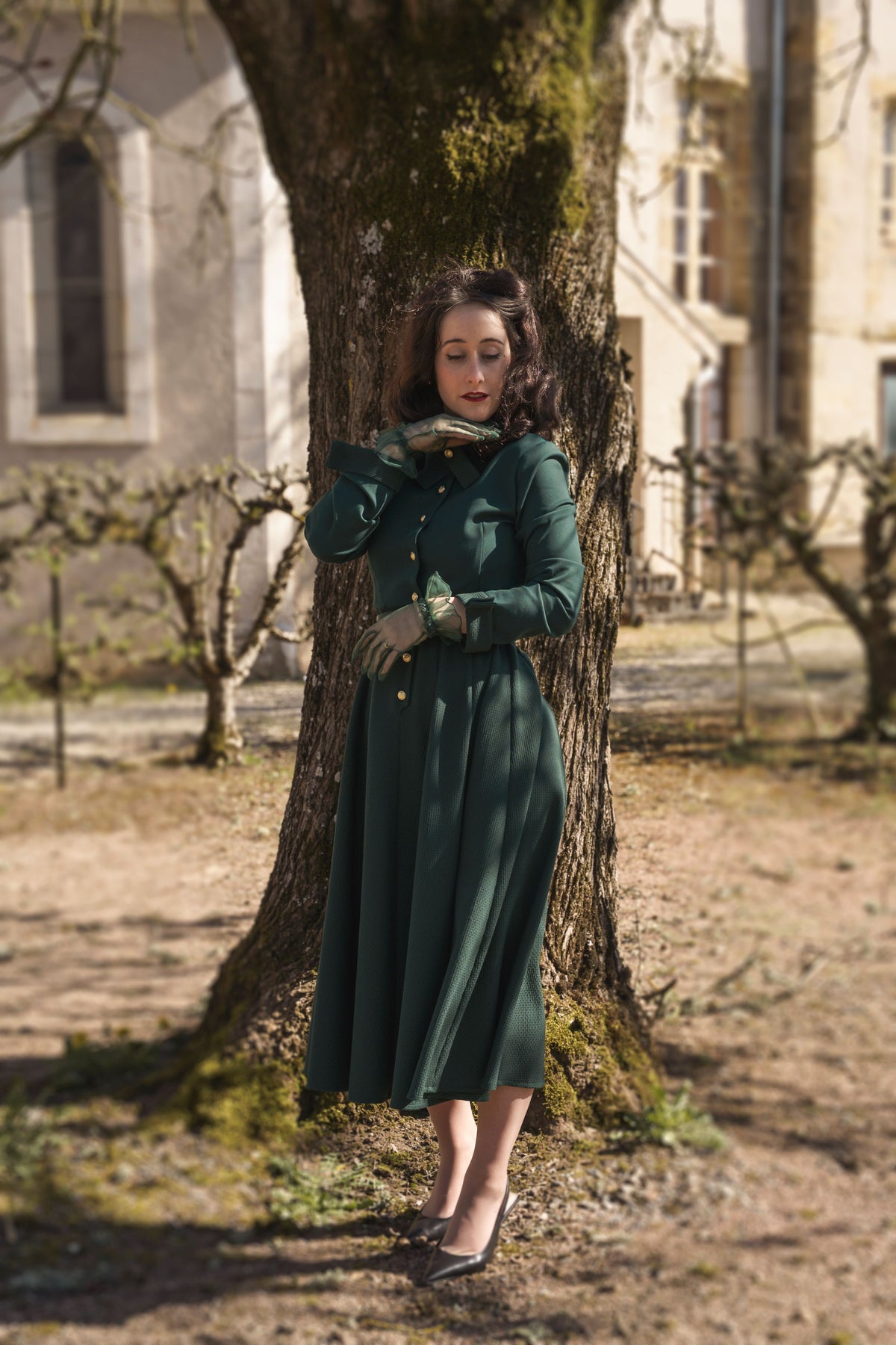 robe mia vert sapin rétro année 50 ceinture incluse élégance intemporelle polyester maille fine milano made in france 